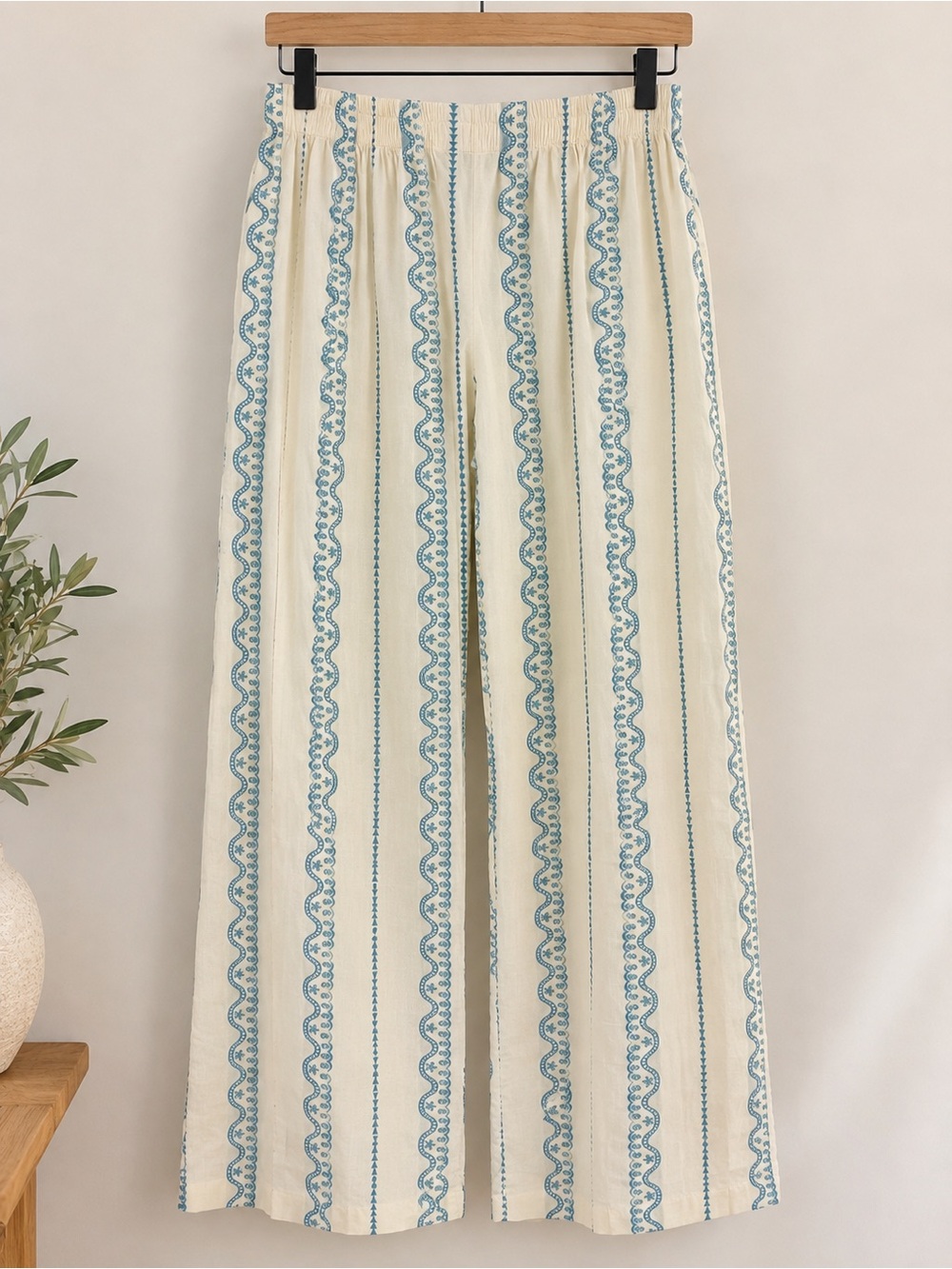 Zellbury Pakistani Ivory Blue Printed Wide Leg Pants